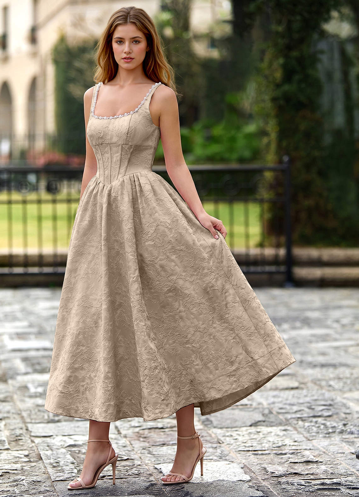 Sephone A-Line Square-Neck Jacquard Prom Dress in Light Apricot