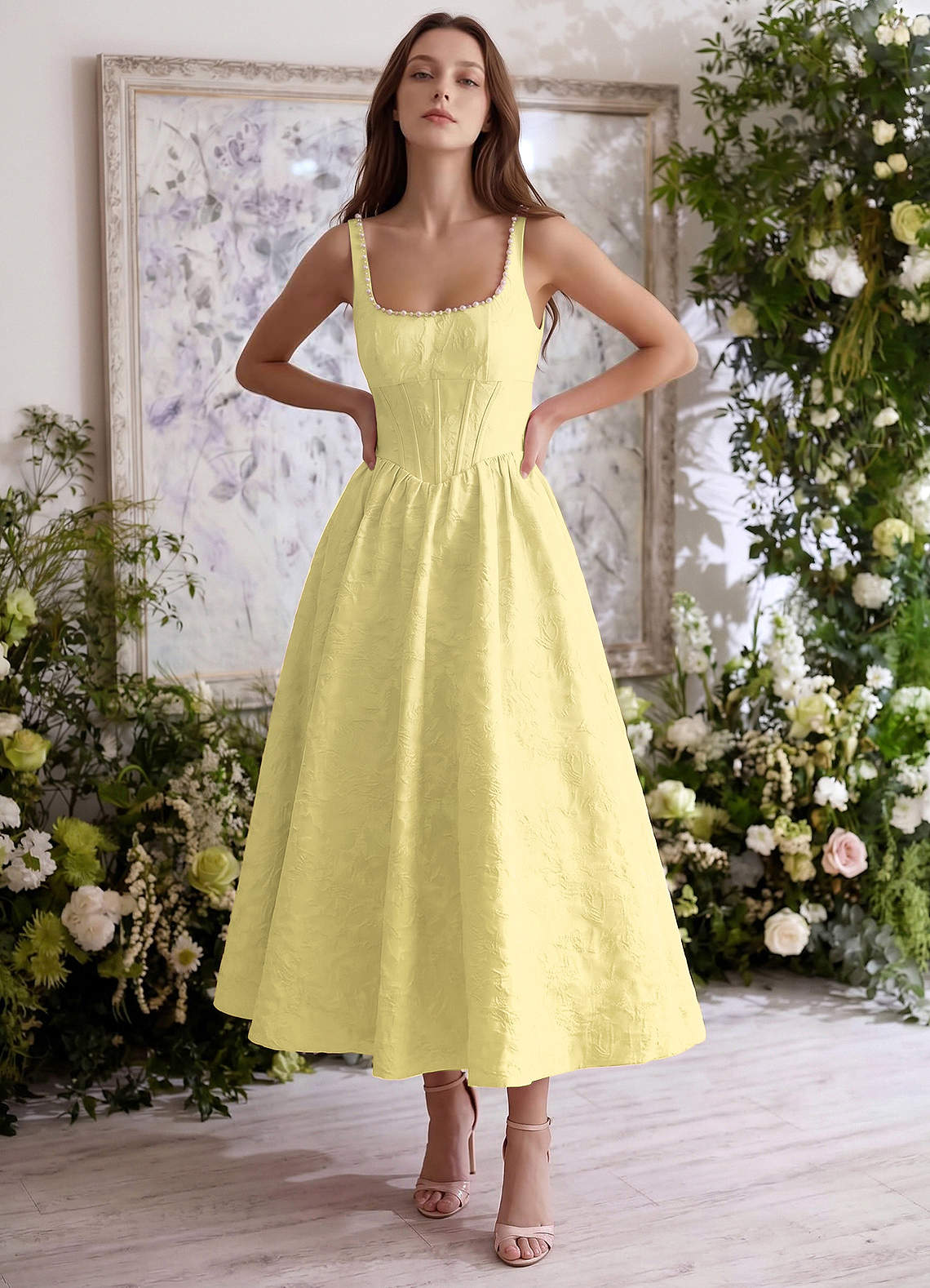 Sephone A-Line Square-Neck Jacquard Prom Dress in Yellow