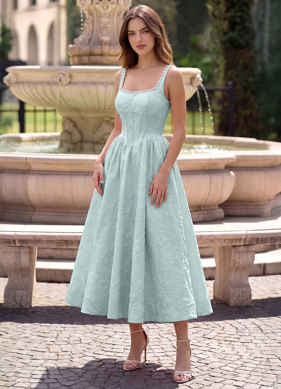 Sephone A-Line Square-Neck Jacquard Prom Dress in Sage