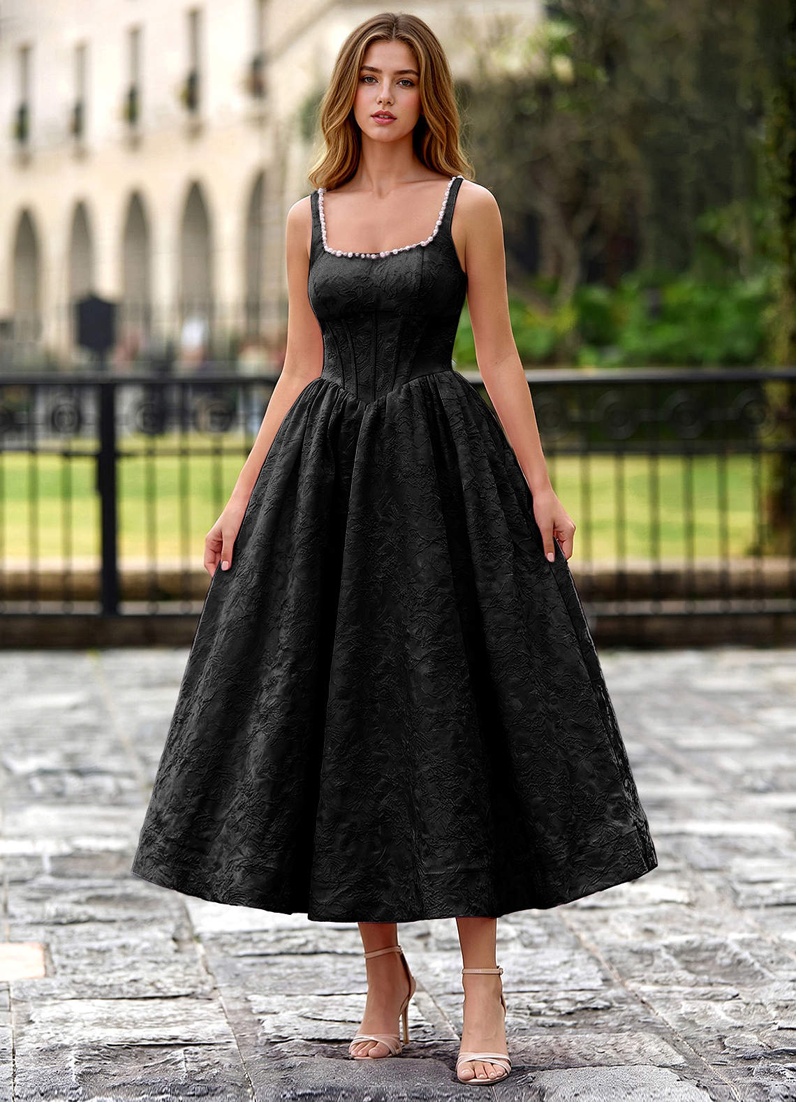 Sephone A-Line Square-Neck Jacquard Prom Dress in Black