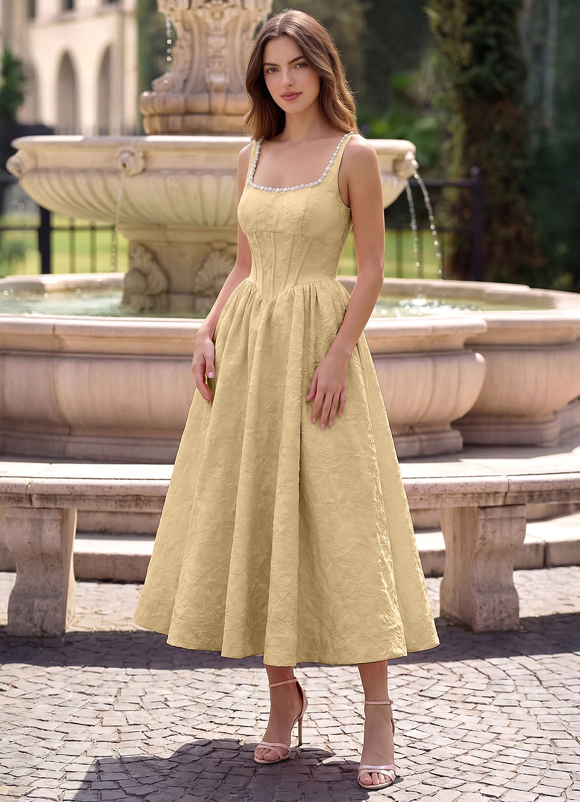 Sephone A-Line Square-Neck Jacquard Prom Dress in Sage