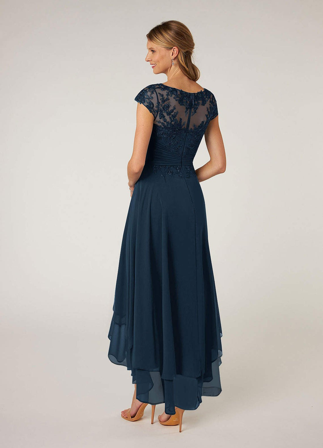 Shonda A-Line Asymmetrical Boat-Neck Lace Chiffon Mother of the Bride Dress in Dark Navy