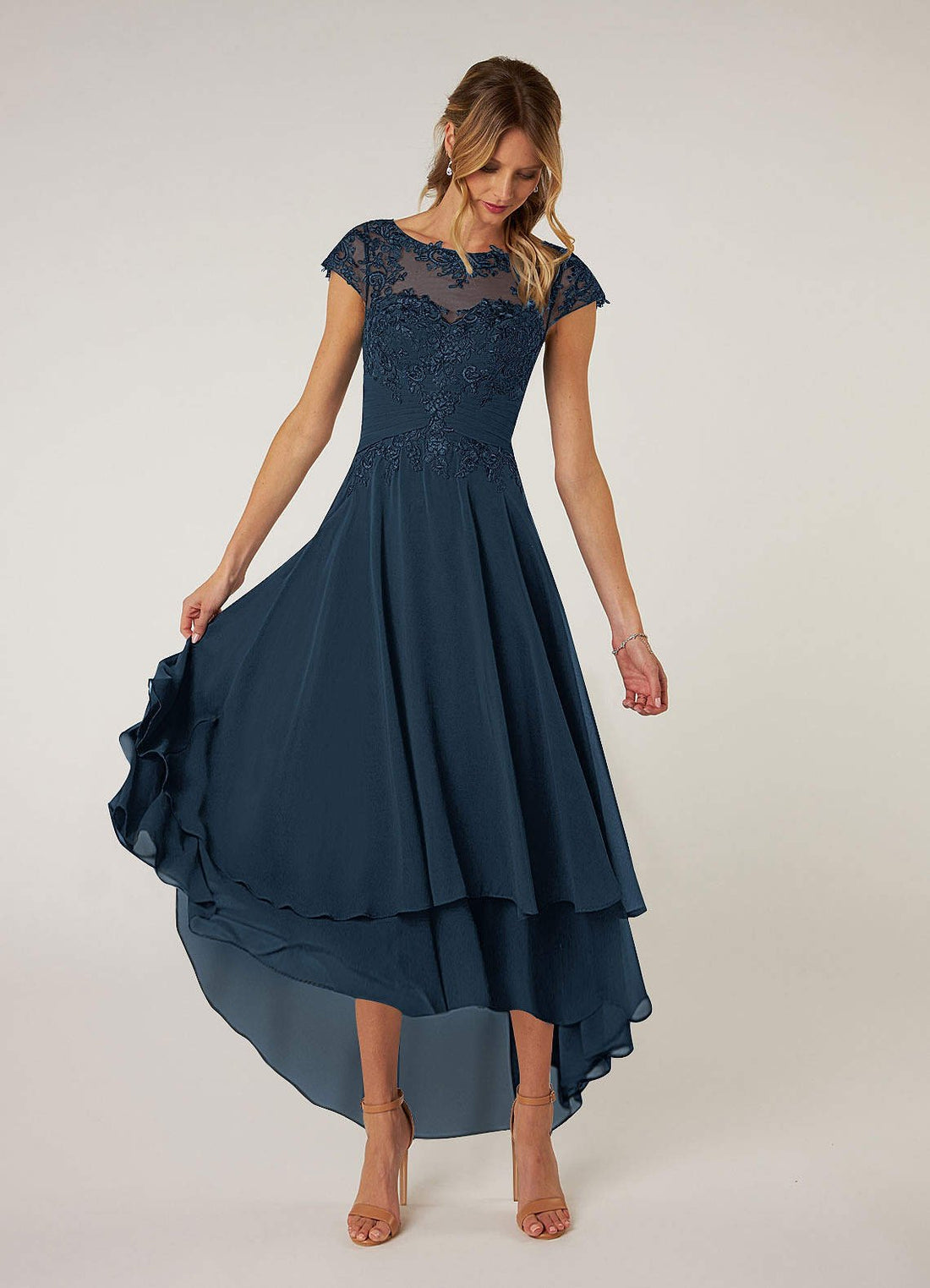 Shonda A-Line Asymmetrical Boat-Neck Lace Chiffon Mother of the Bride Dress in Dark Navy