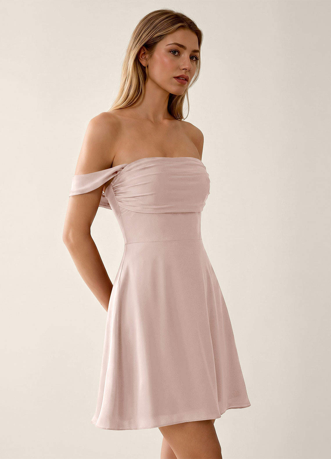 Sidonie A-Line Off-the-Shoulder Satin Prom Dress in Powder Pink