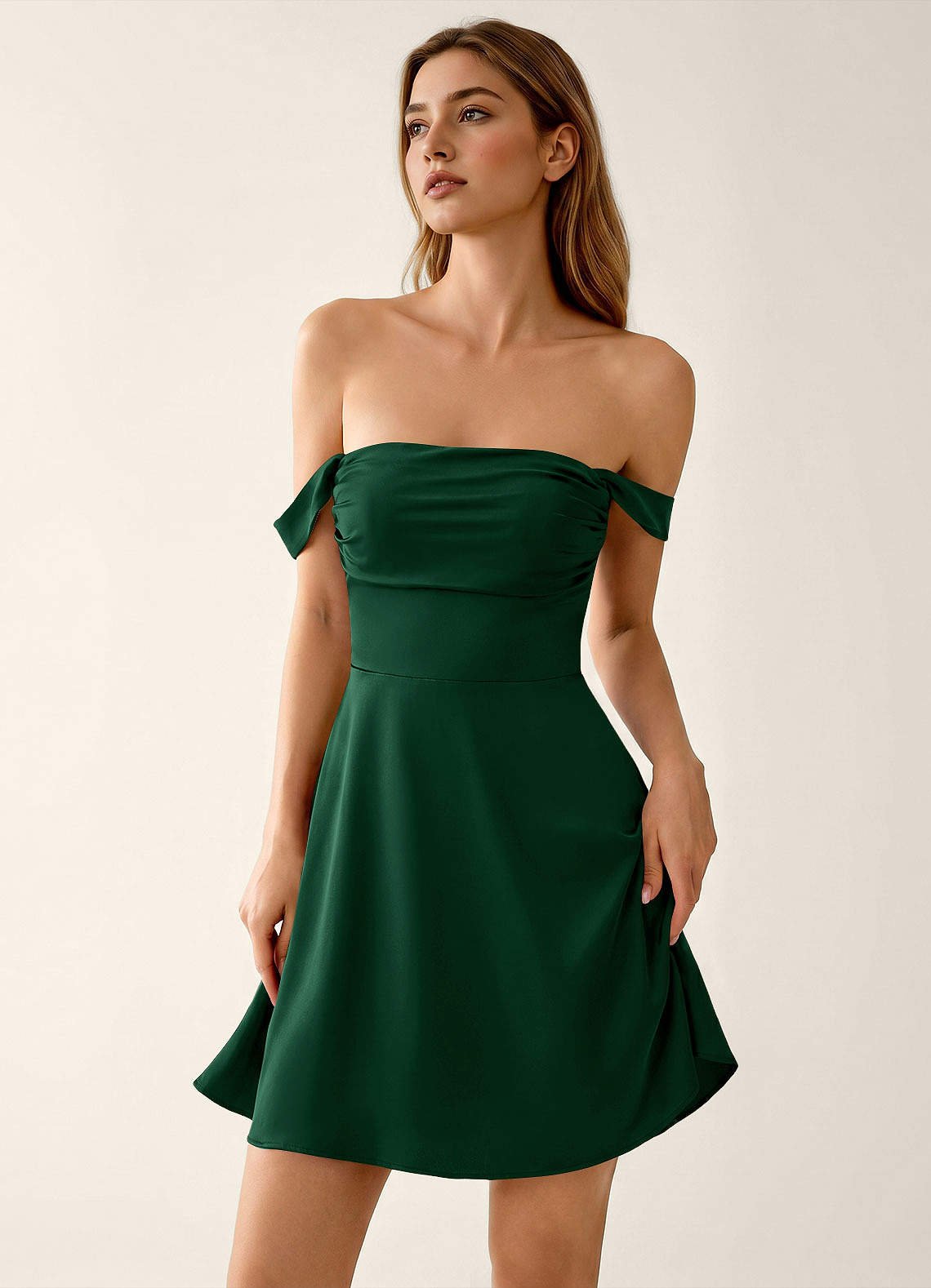 Sidonie A-Line Off-the-Shoulder Satin Prom Dress in Emerald Green