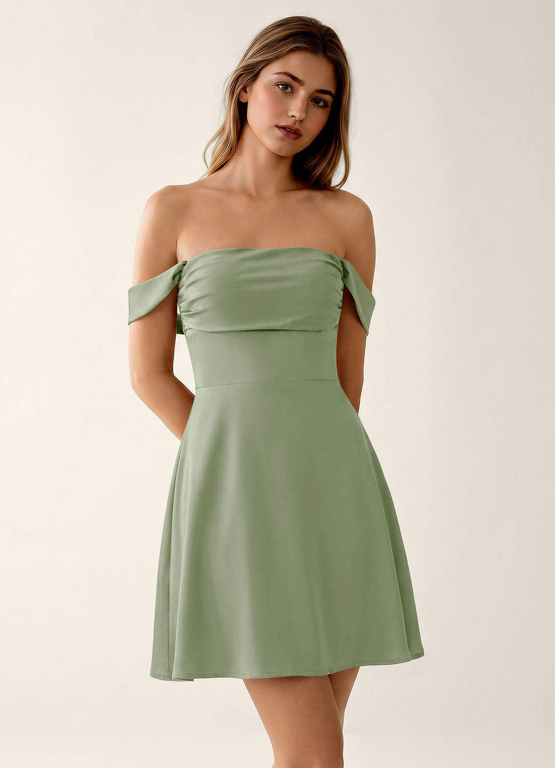 Sidonie A-Line Off-the-Shoulder Satin Prom Dress in Dusty Sage