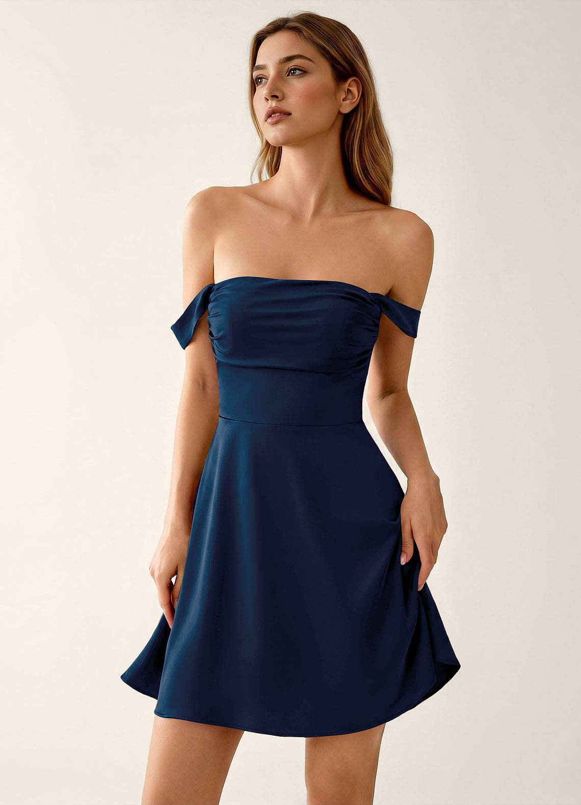 Sidonie A-Line Off-the-Shoulder Satin Prom Dress in Navy