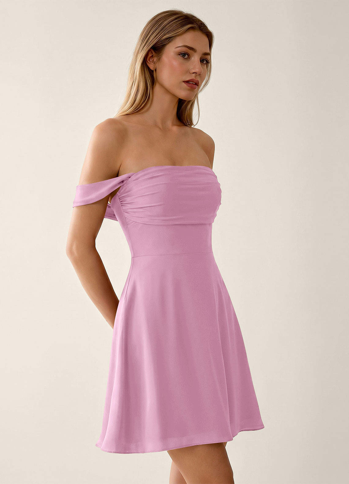 Sidonie A-Line Off-the-Shoulder Satin Prom Dress in candy pink