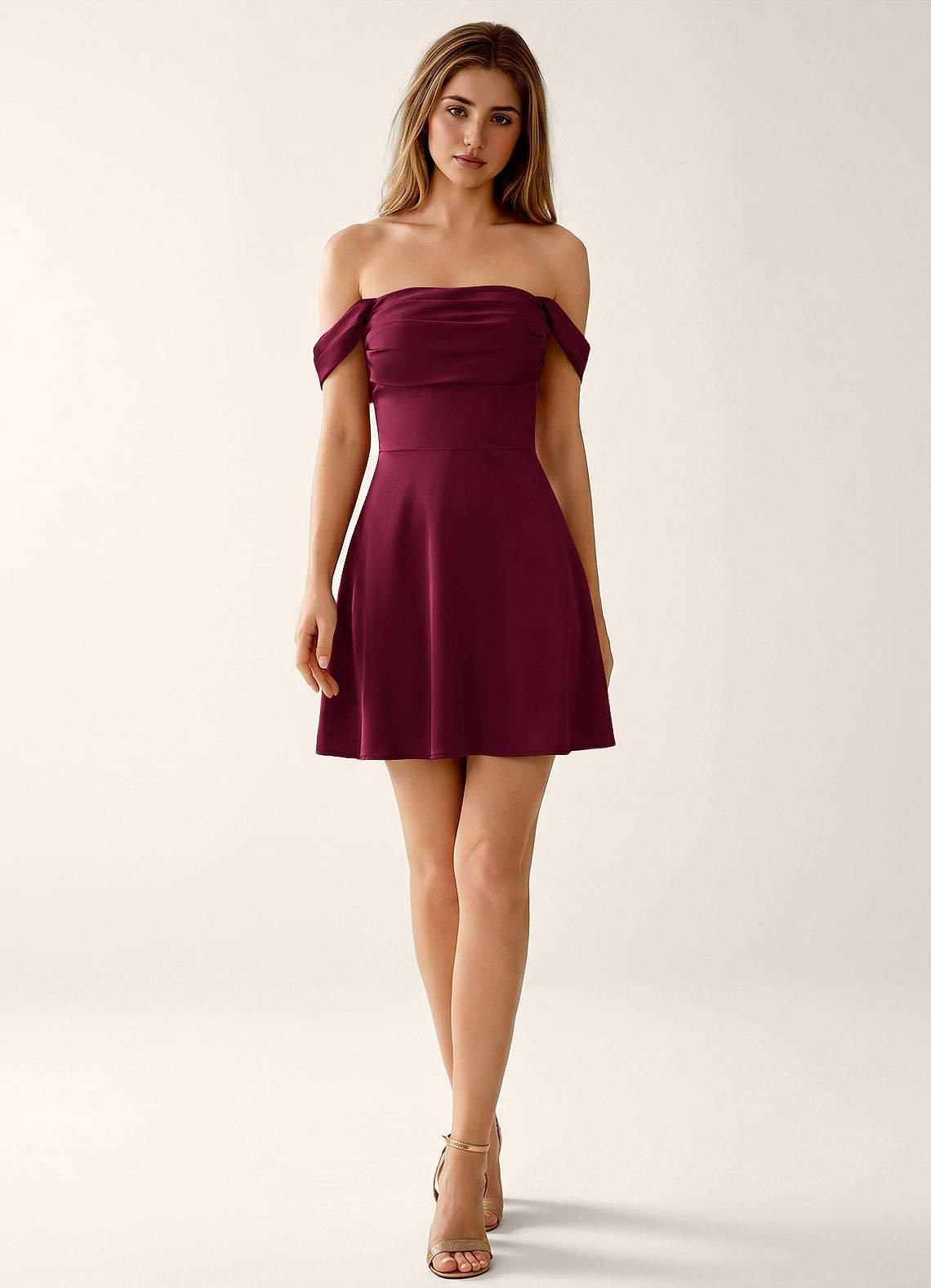 Sidonie A-Line Off-the-Shoulder Satin Prom Dress in Burgundy