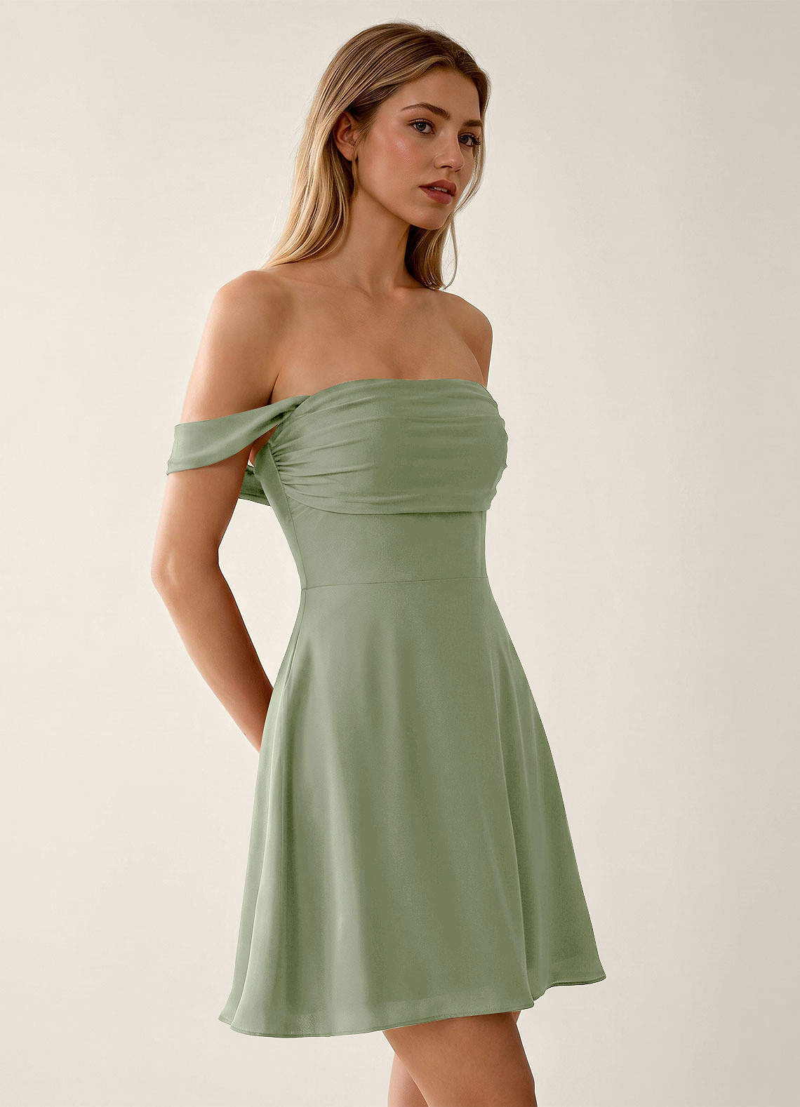 Sidonie A-Line Off-the-Shoulder Satin Prom Dress in Light Green