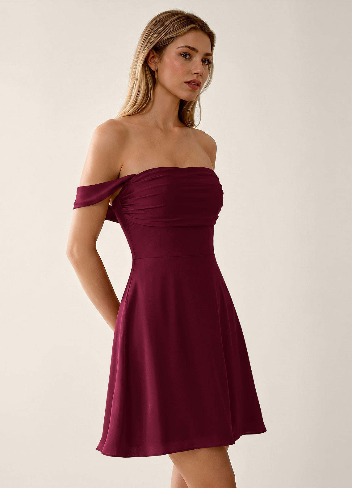 Sidonie A-Line Off-the-Shoulder Satin Prom Dress in Burgundy