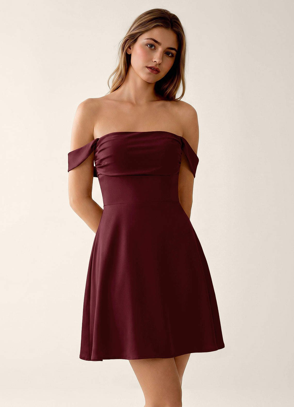 Sidonie A-Line Off-the-Shoulder Satin Prom Dress in Wine