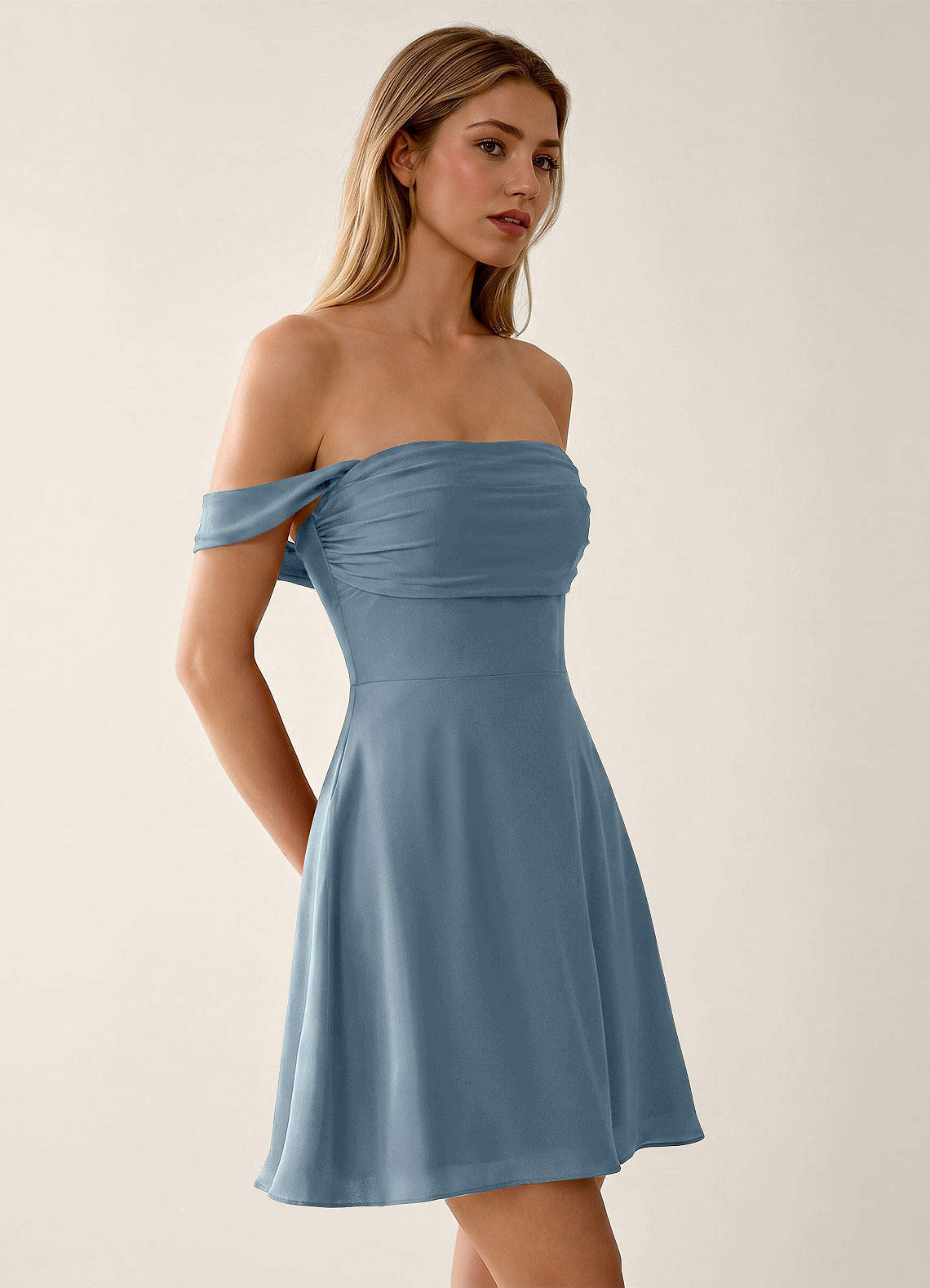 Sidonie A-Line Off-the-Shoulder Satin Prom Dress in Dusty Blue