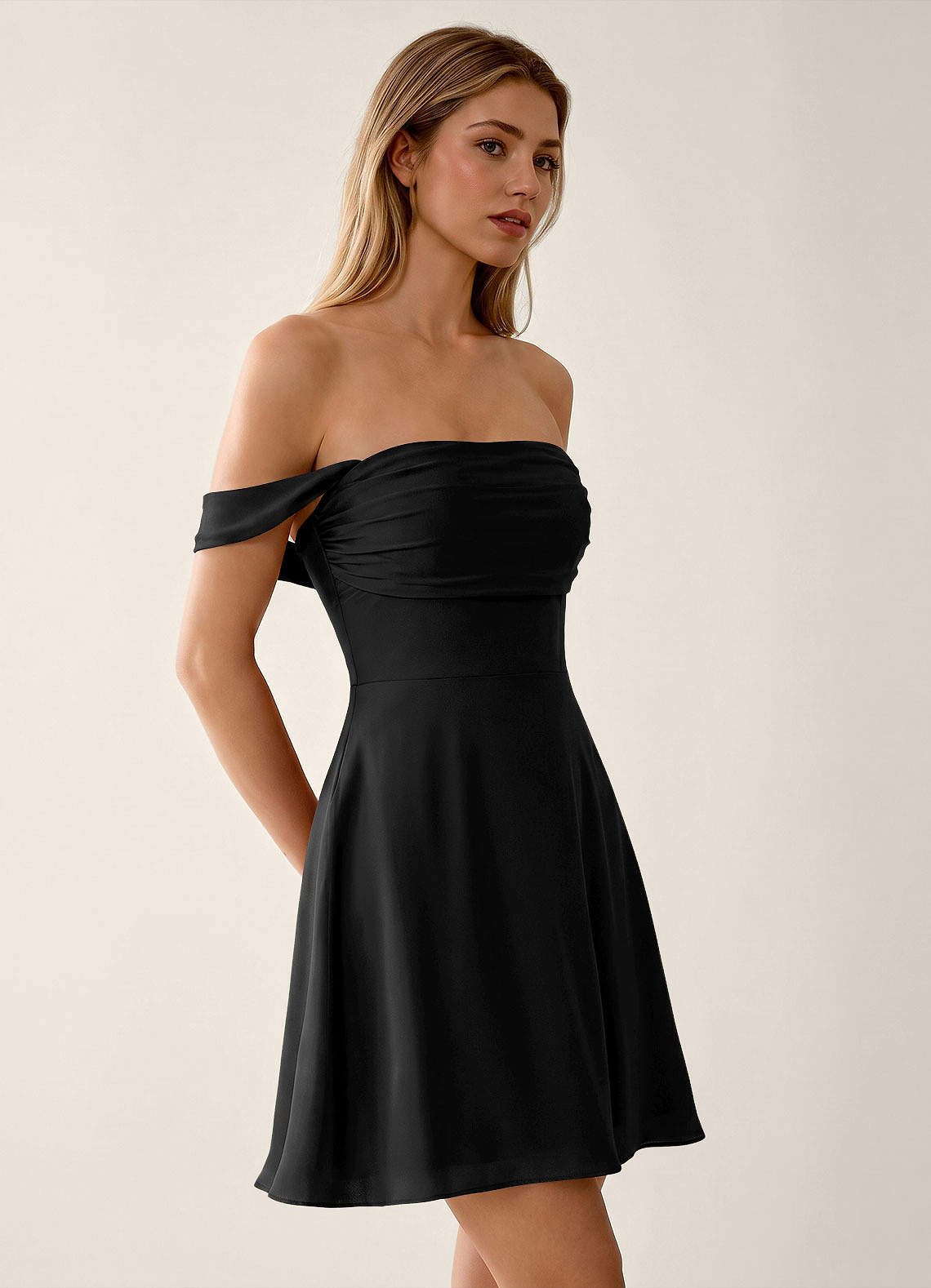 Sidonie A-Line Off-the-Shoulder Satin Prom Dress in black