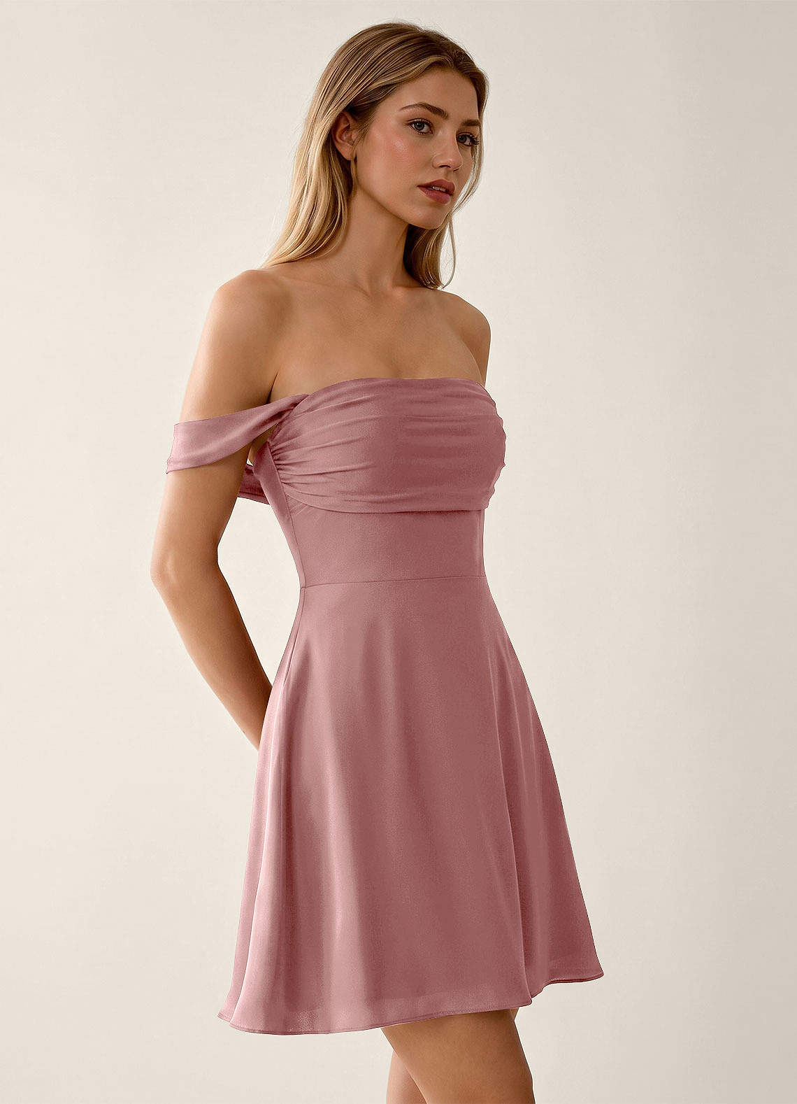 Sidonie A-Line Off-the-Shoulder Satin Prom Dress in Light Pink