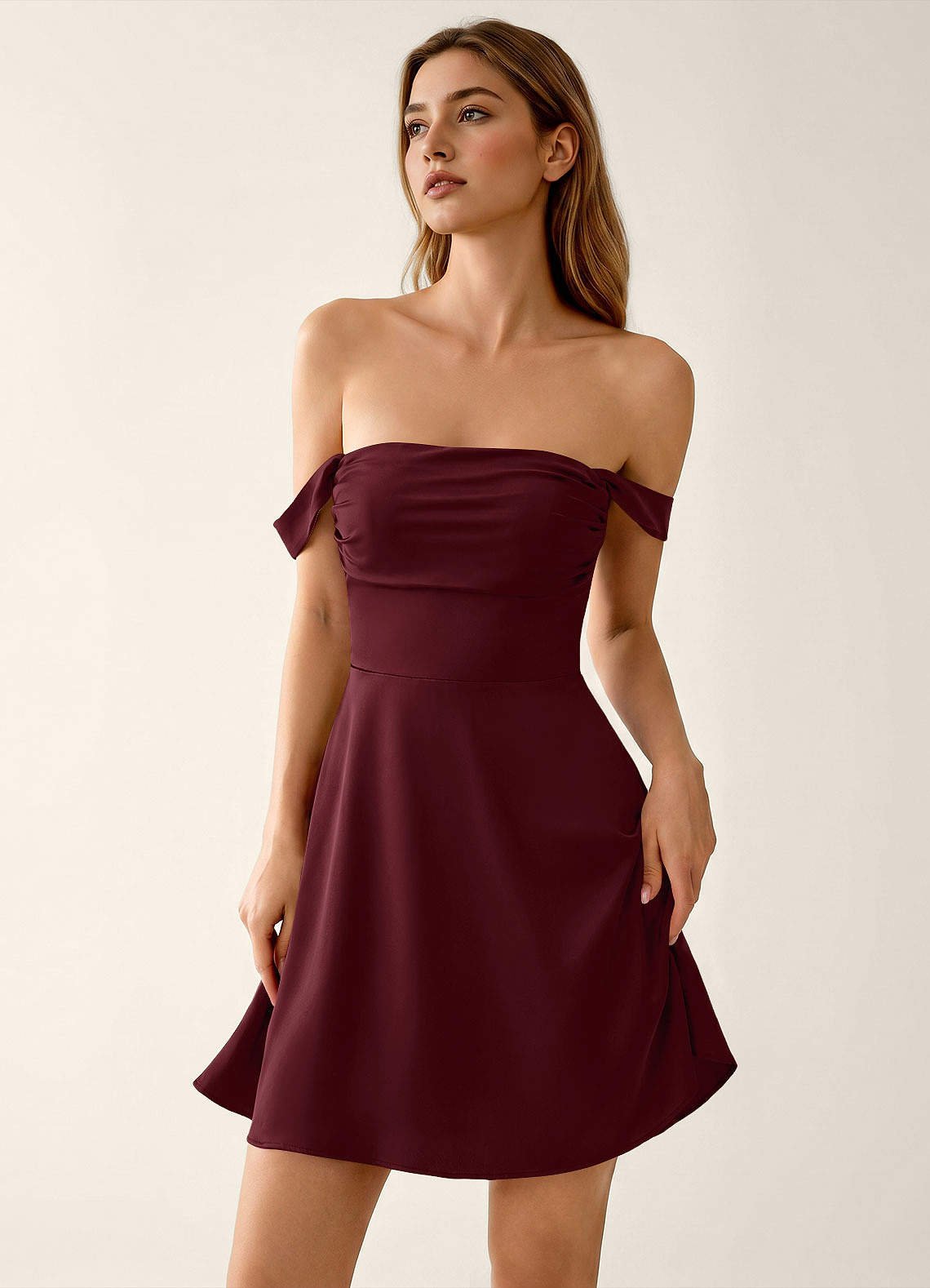 Sidonie A-Line Off-the-Shoulder Satin Prom Dress in Cabernet