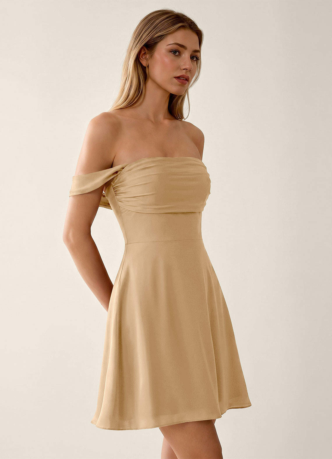 Sidonie A-Line Off-the-Shoulder Satin Prom Dress in Champagne