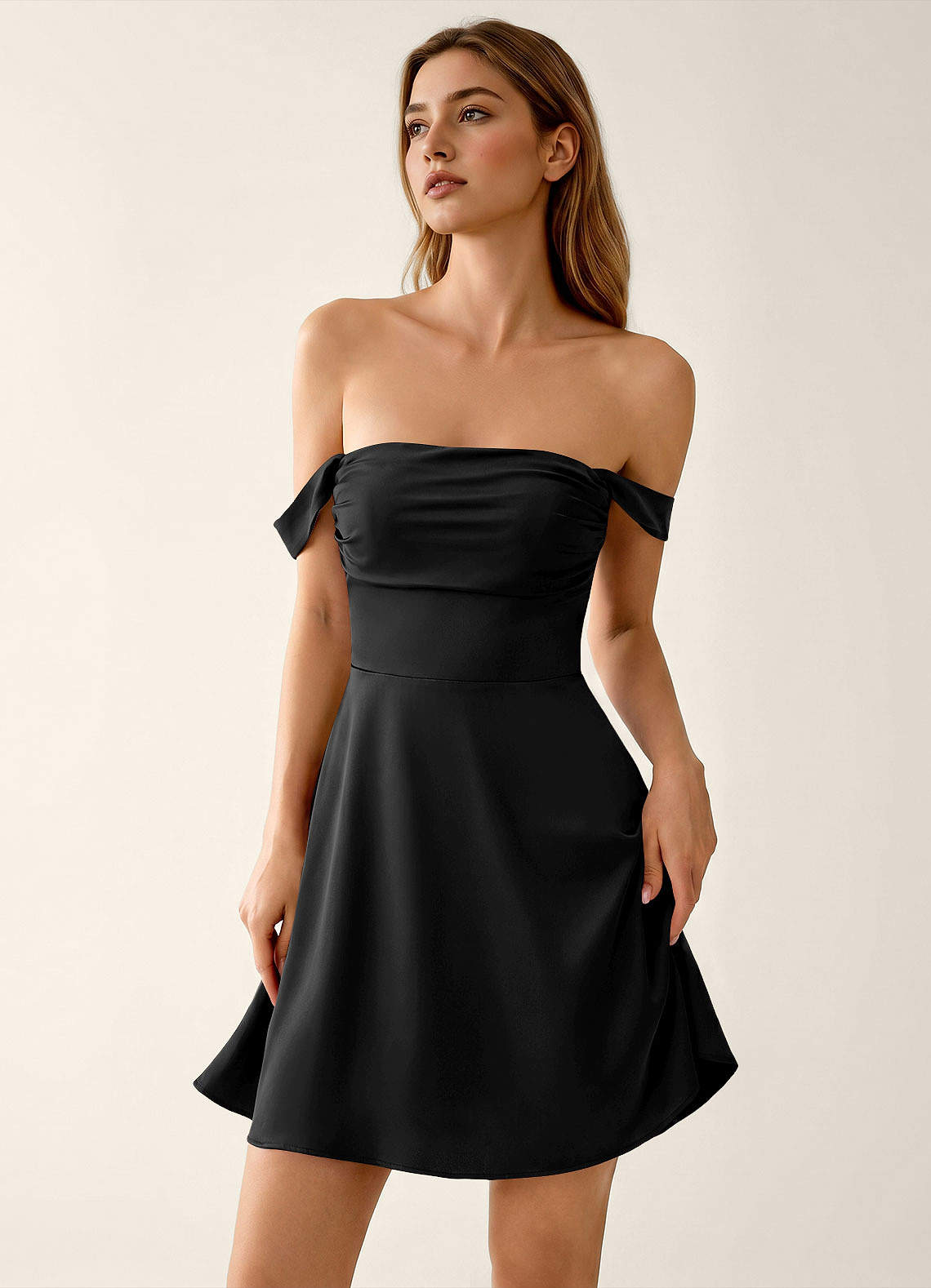 Sidonie A-Line Off-the-Shoulder Satin Prom Dress in black