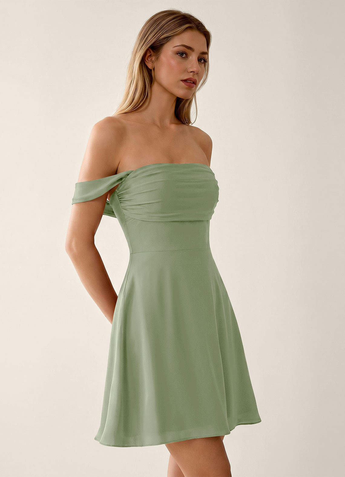 Sidonie A-Line Off-the-Shoulder Satin Prom Dress in Dusty Sage