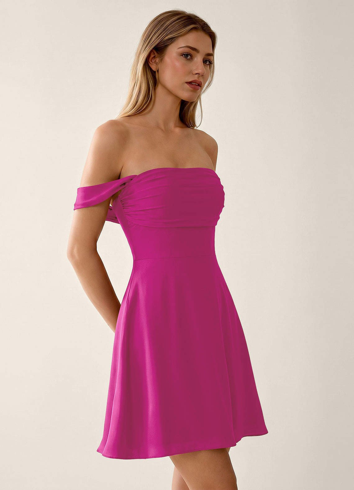 Sidonie A-Line Off-the-Shoulder Satin Prom Dress in Hot Pink