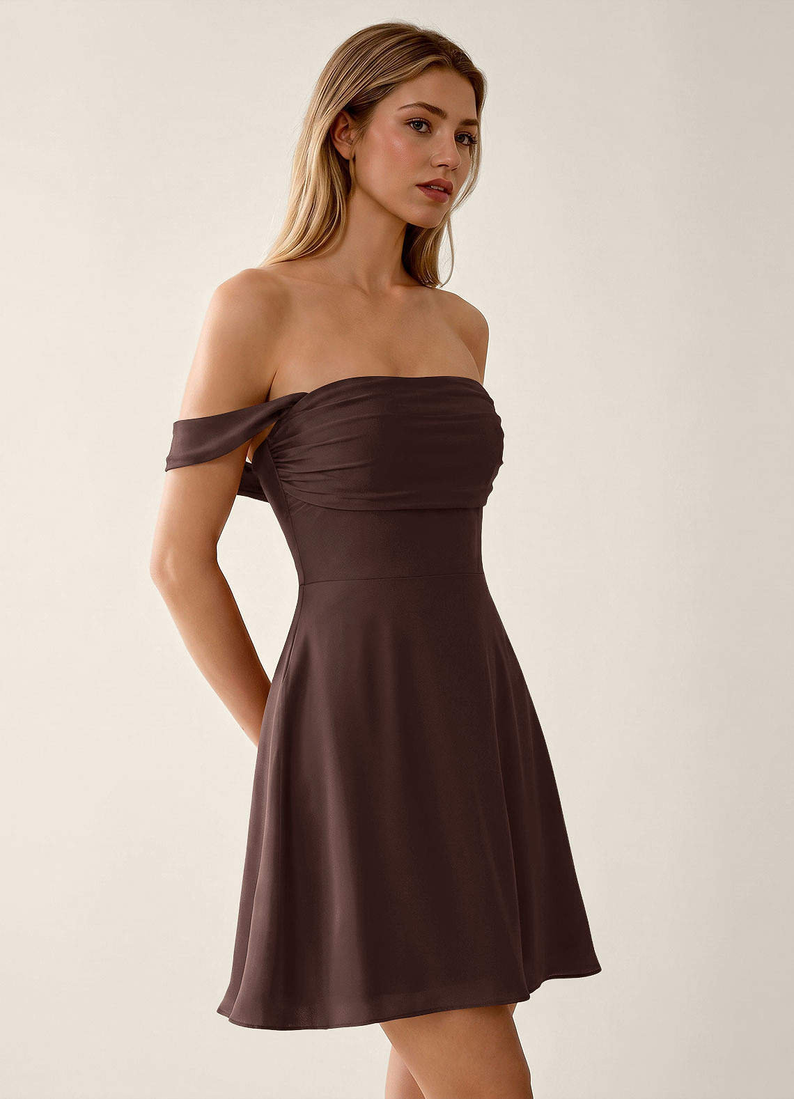 Sidonie A-Line Off-the-Shoulder Satin Prom Dress in Ganache