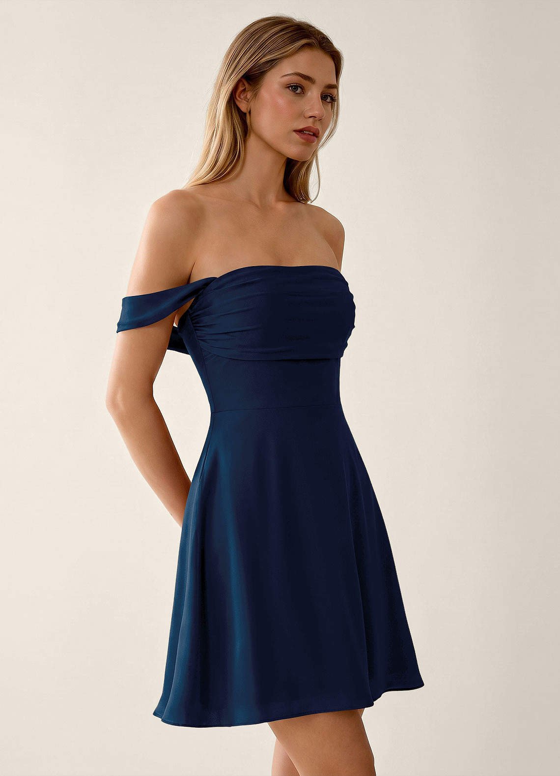Sidonie A-Line Off-the-Shoulder Satin Prom Dress in Navy