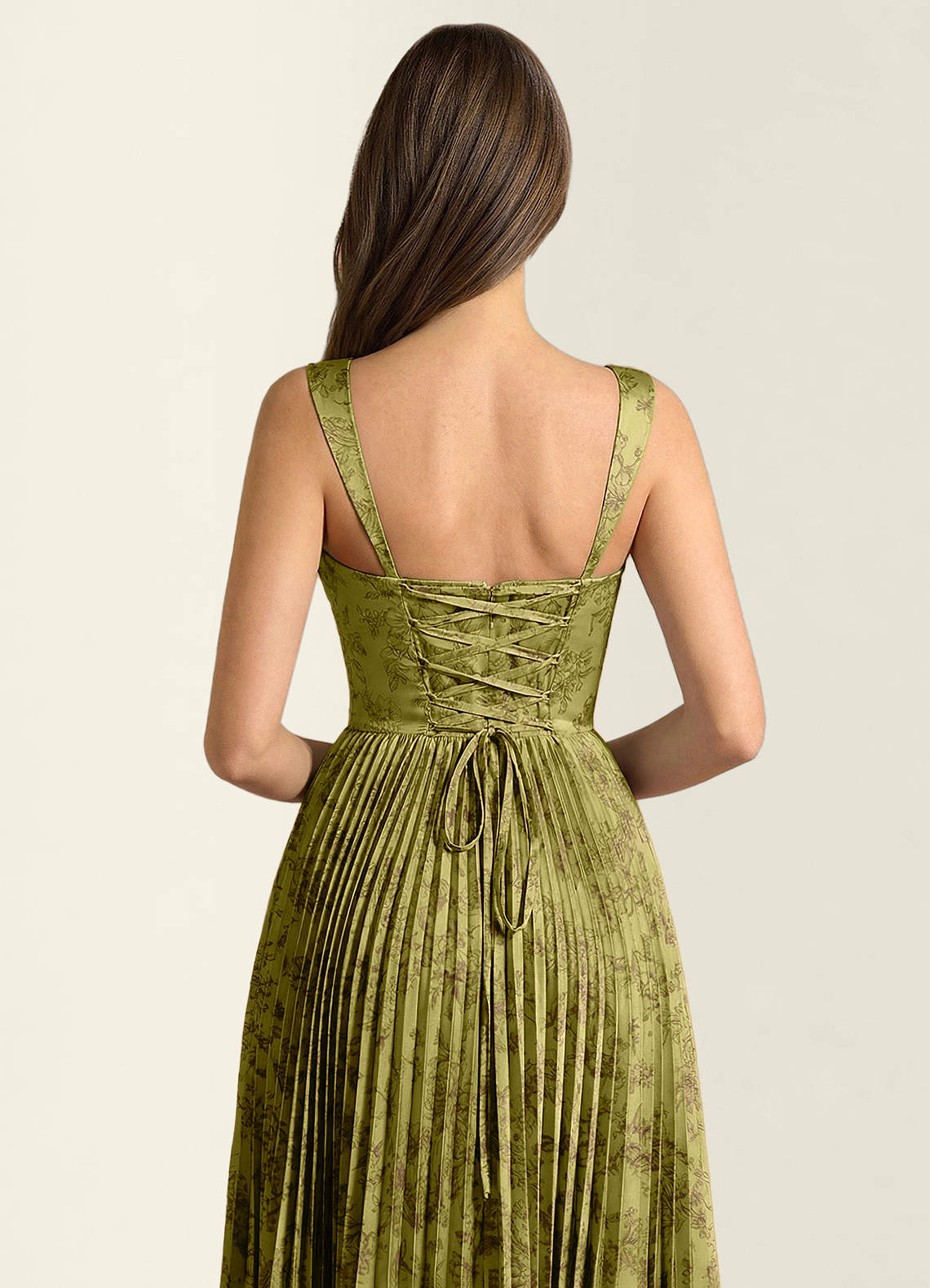 Simone A-Line Corset Floral Jacquard Prom Dress in Moss Brown