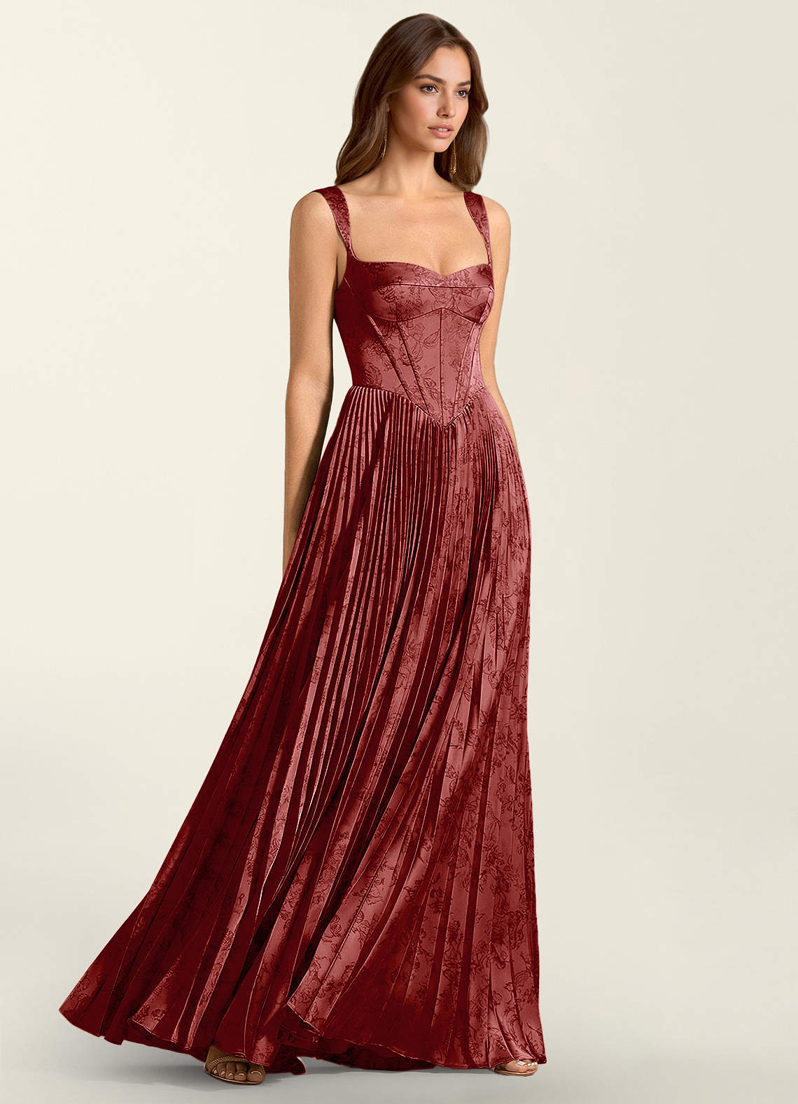 Simone A-Line Corset Floral Jacquard Prom Dress in Orange Red