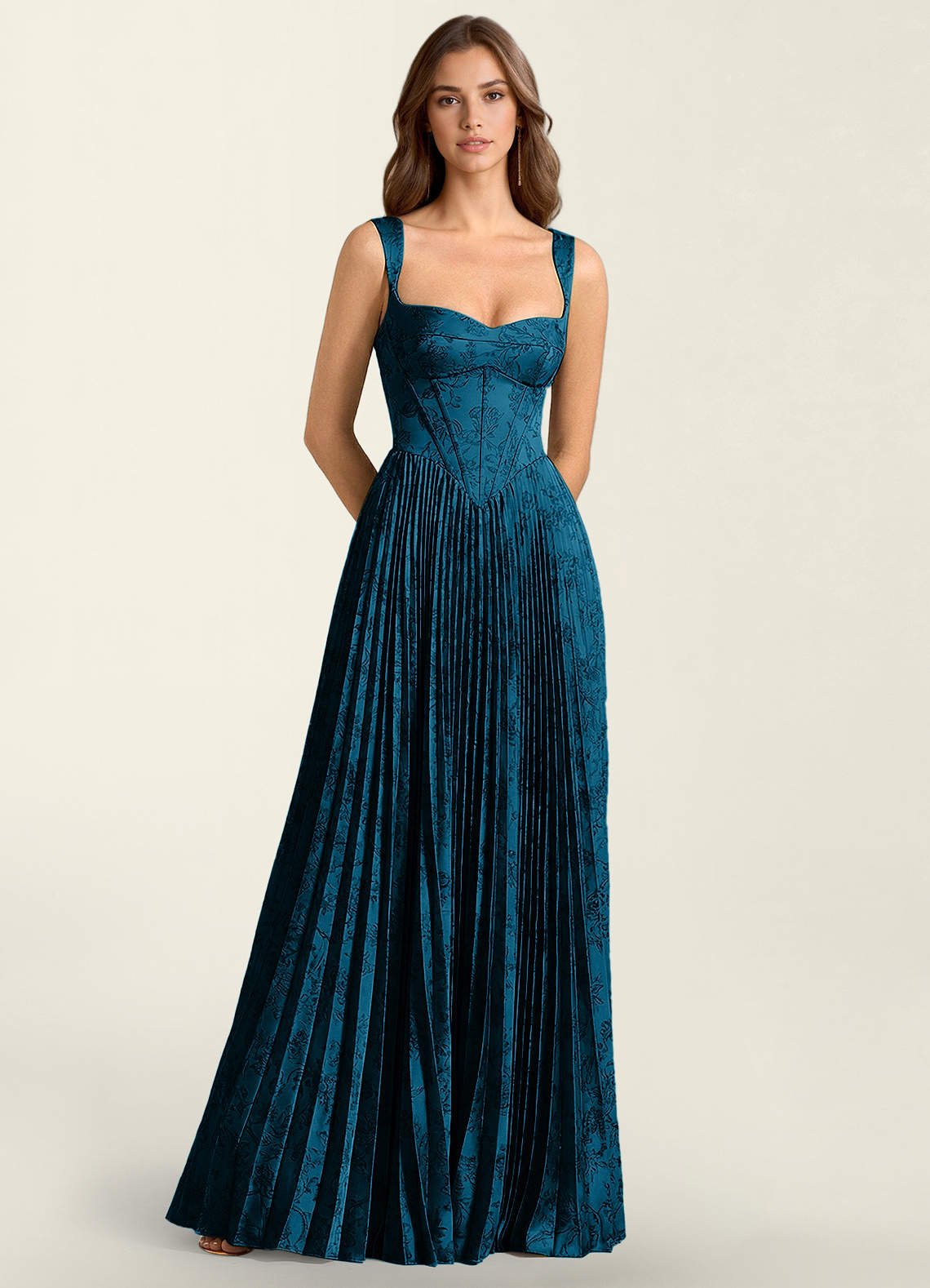 Simone A-Line Corset Floral Jacquard Prom Dress in Green Brown