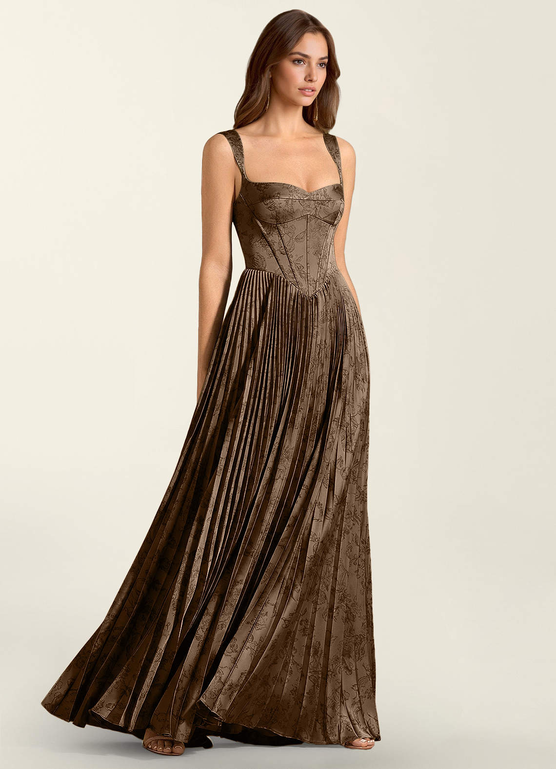 Simone A-Line Corset Floral Jacquard Prom Dress in Coffee Brown