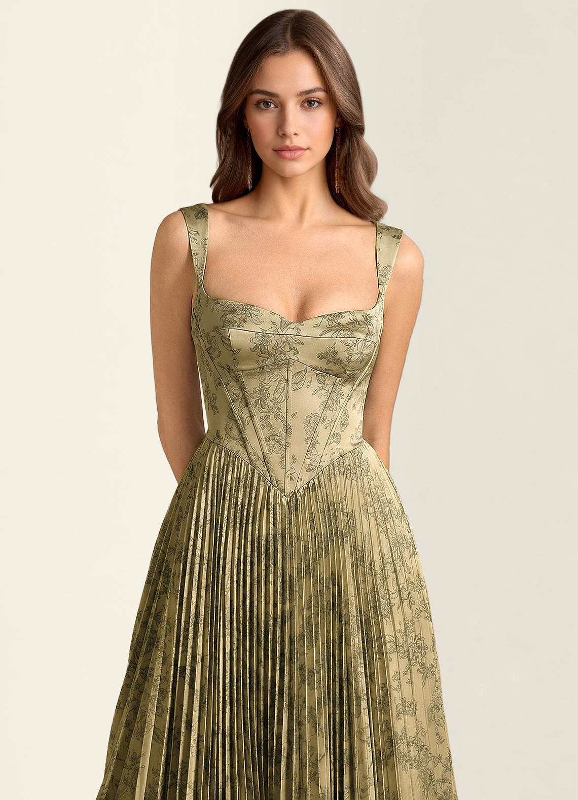 Simone A-Line Corset Floral Jacquard Prom Dress in Green Brown