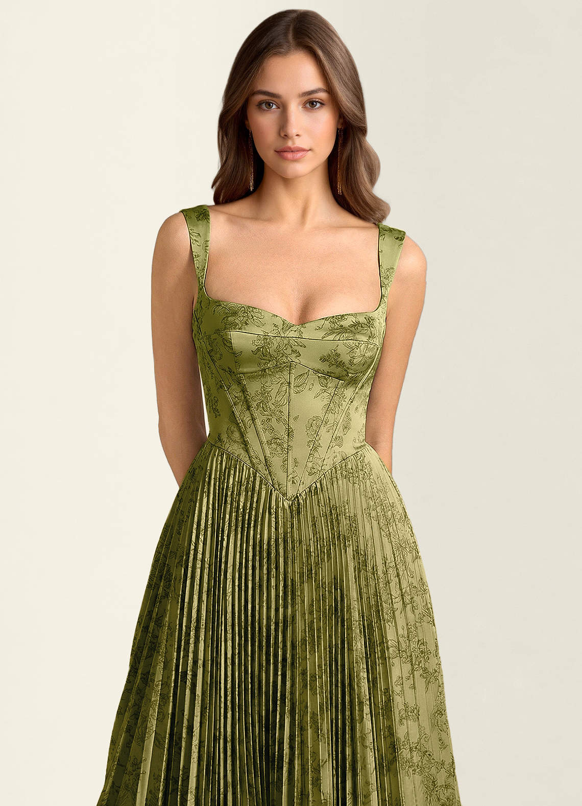 Simone A-Line Corset Floral Jacquard Prom Dress in Moss Navy