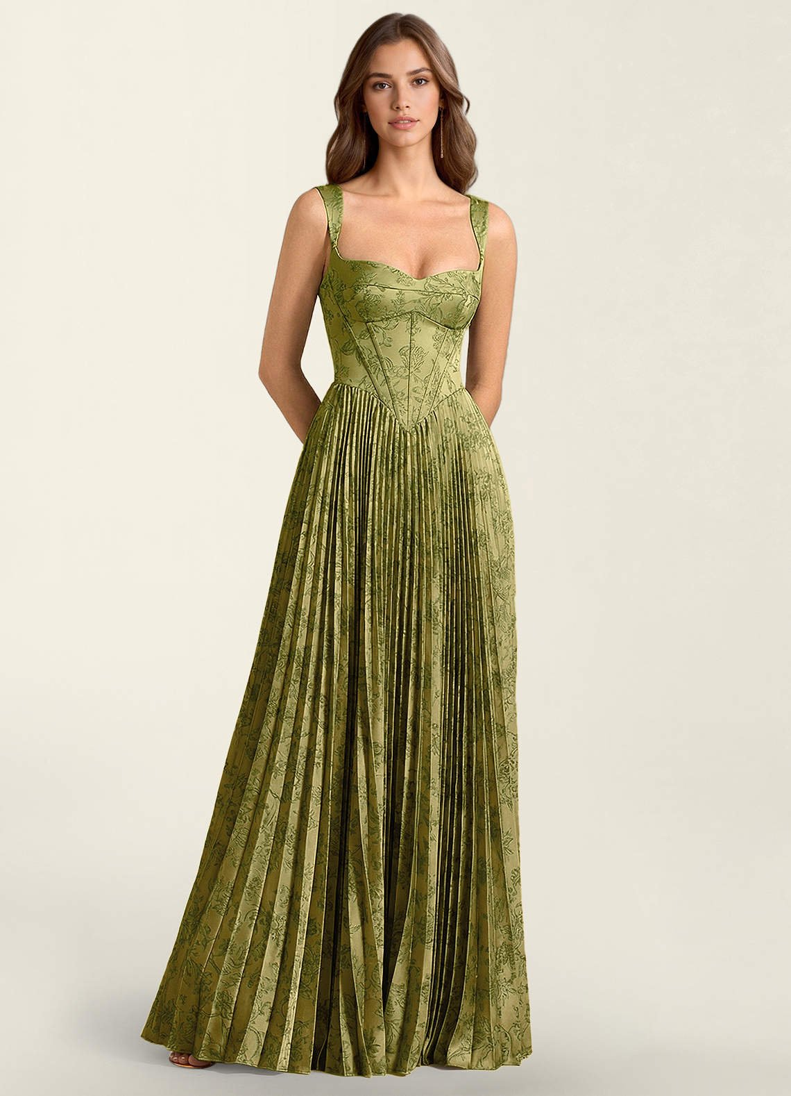 Simone A-Line Corset Floral Jacquard Prom Dress in Green Brown