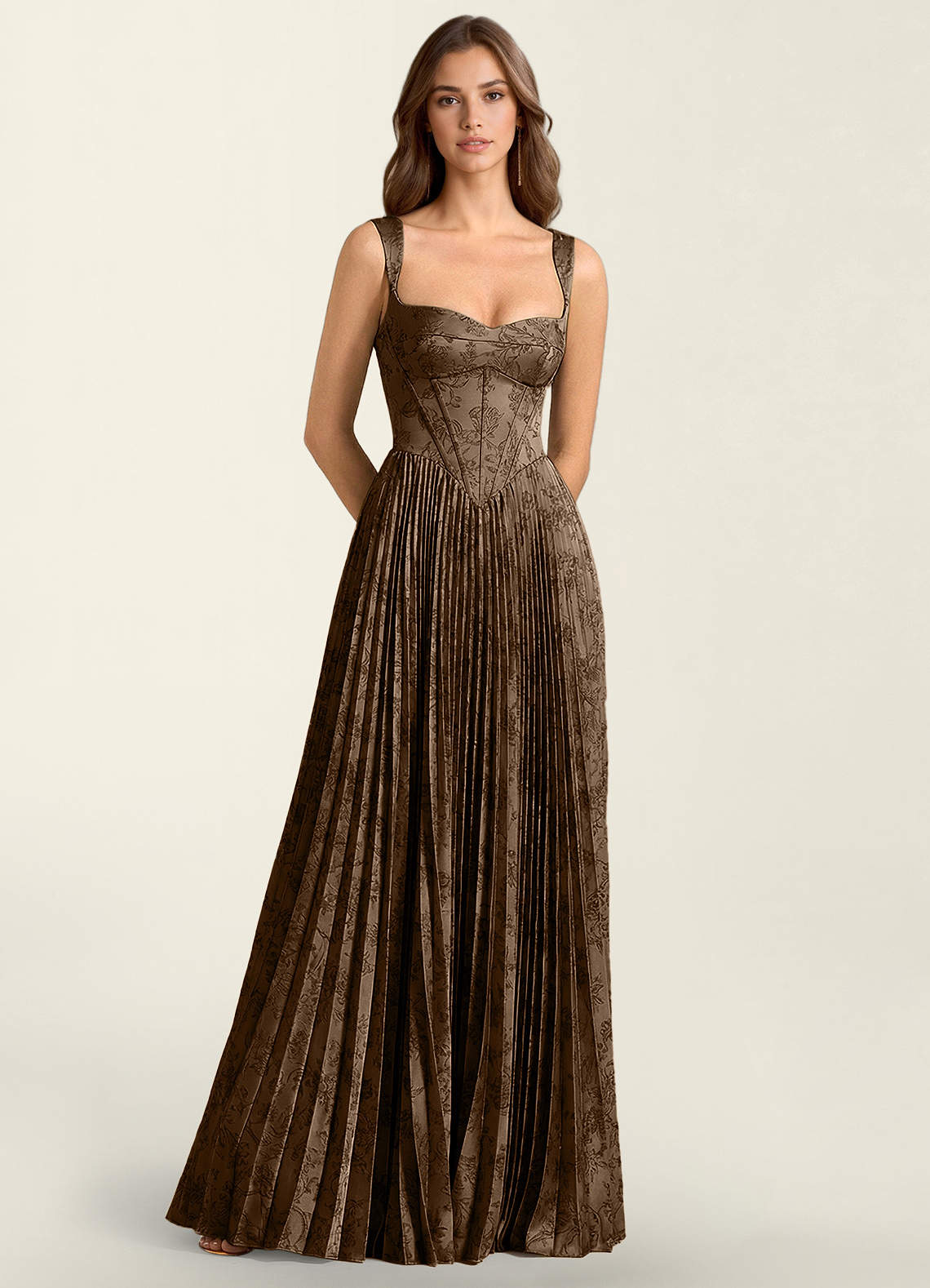 Simone A-Line Corset Floral Jacquard Prom Dress in Green Brown