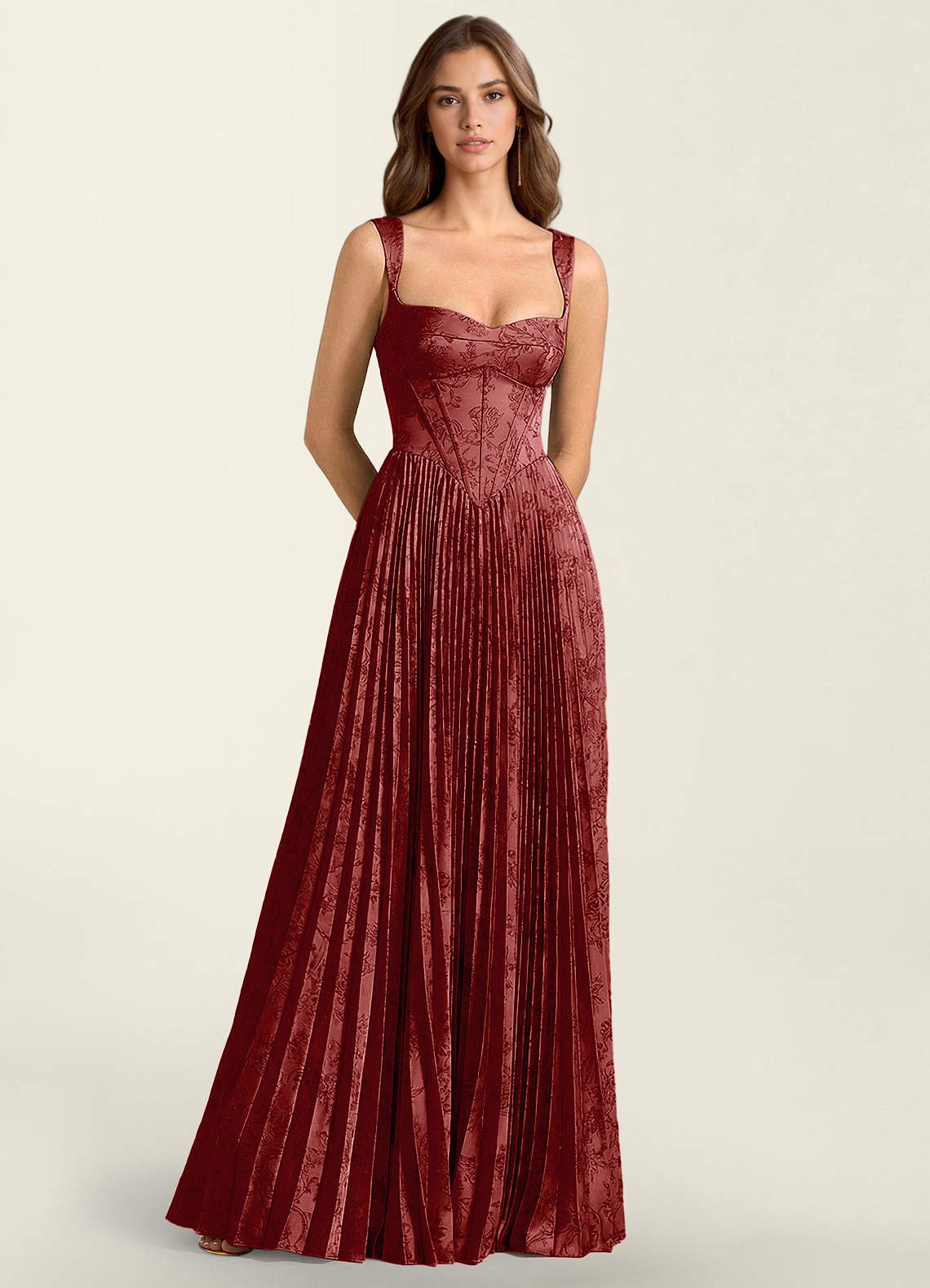 Simone A-Line Corset Floral Jacquard Prom Dress in Green Brown