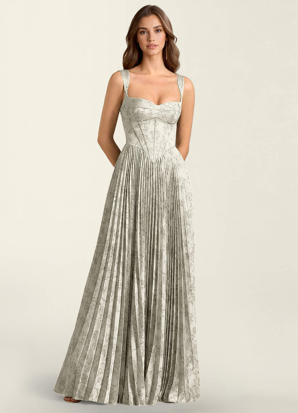 Simone A-Line Corset Floral Jacquard Prom Dress in Green Brown
