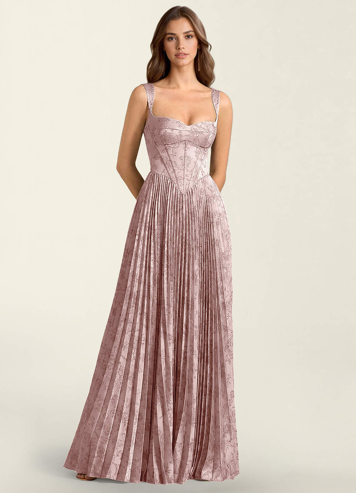 Simone A-Line Corset Floral Jacquard Prom Dress in Green Brown