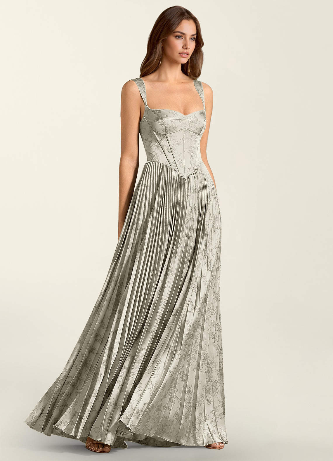 Simone A-Line Corset Floral Jacquard Prom Dress in Cream