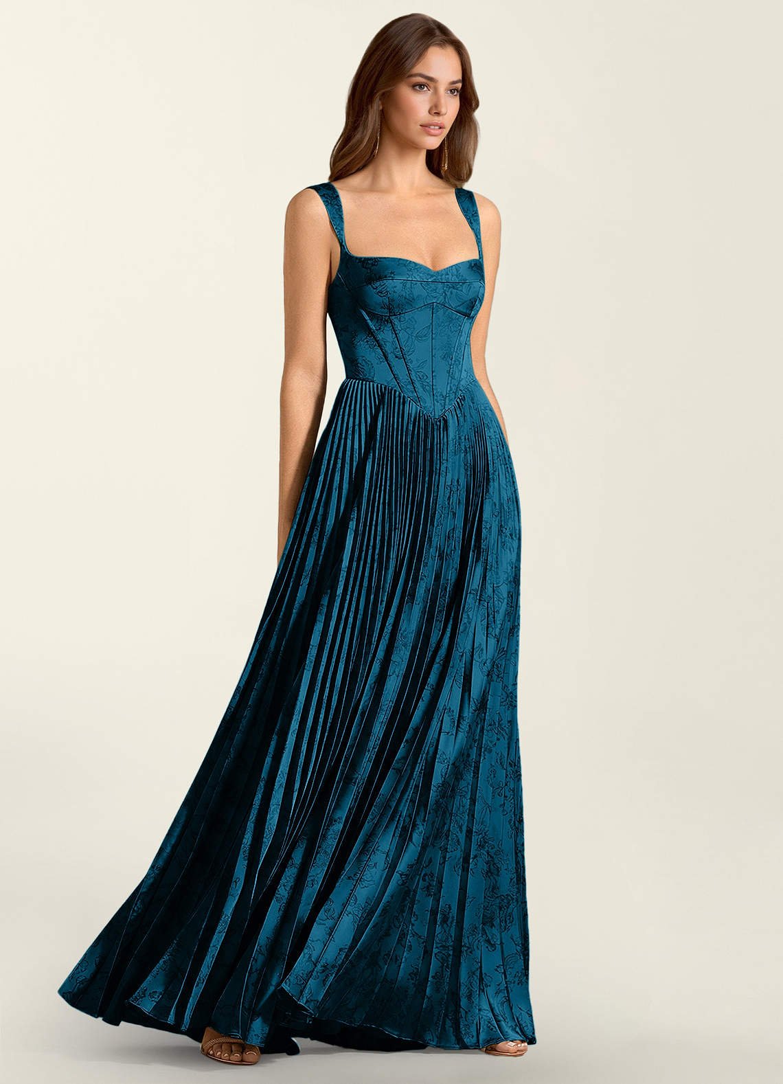 Simone A-Line Corset Floral Jacquard Prom Dress in Navy Black