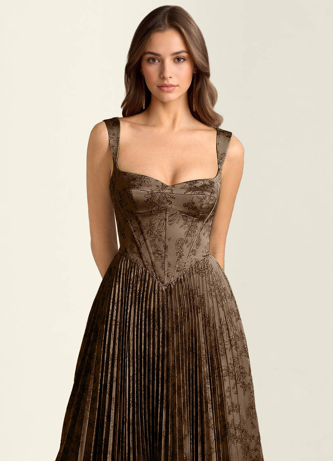 Simone A-Line Corset Floral Jacquard Prom Dress in Coffee Brown