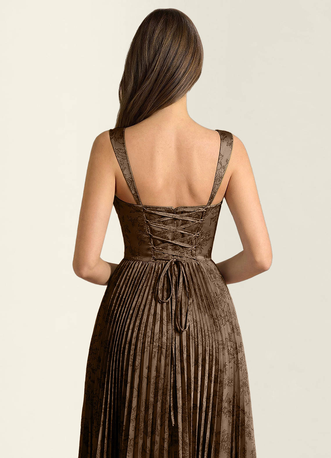 Simone A-Line Corset Floral Jacquard Prom Dress in Coffee Brown