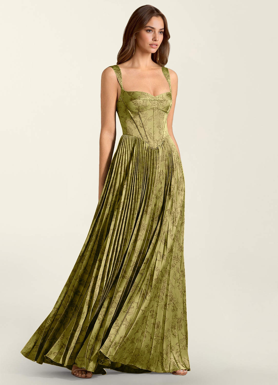 Simone A-Line Corset Floral Jacquard Prom Dress in Moss Brown