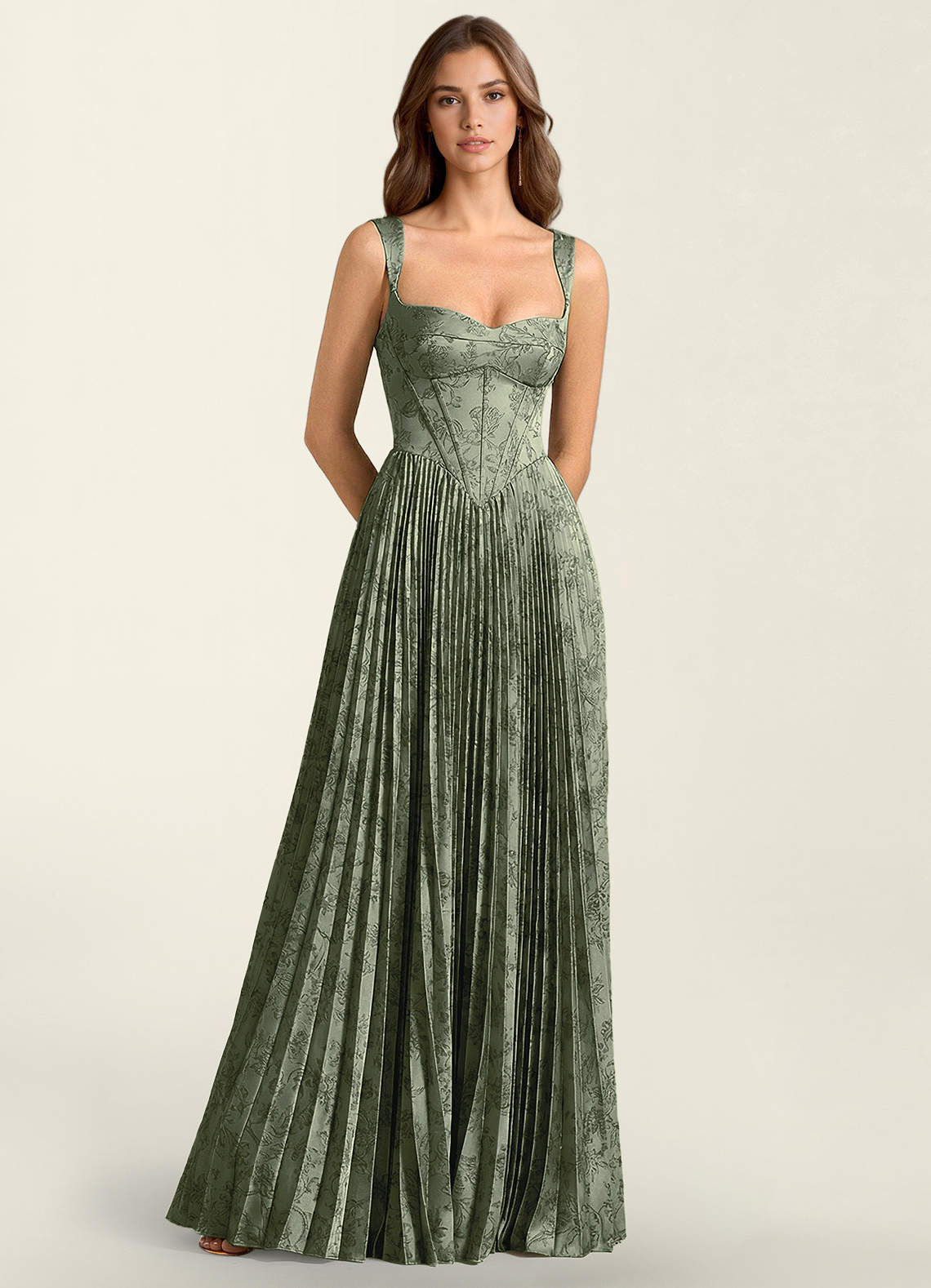 Simone A-Line Corset Floral Jacquard Prom Dress in Green Brown