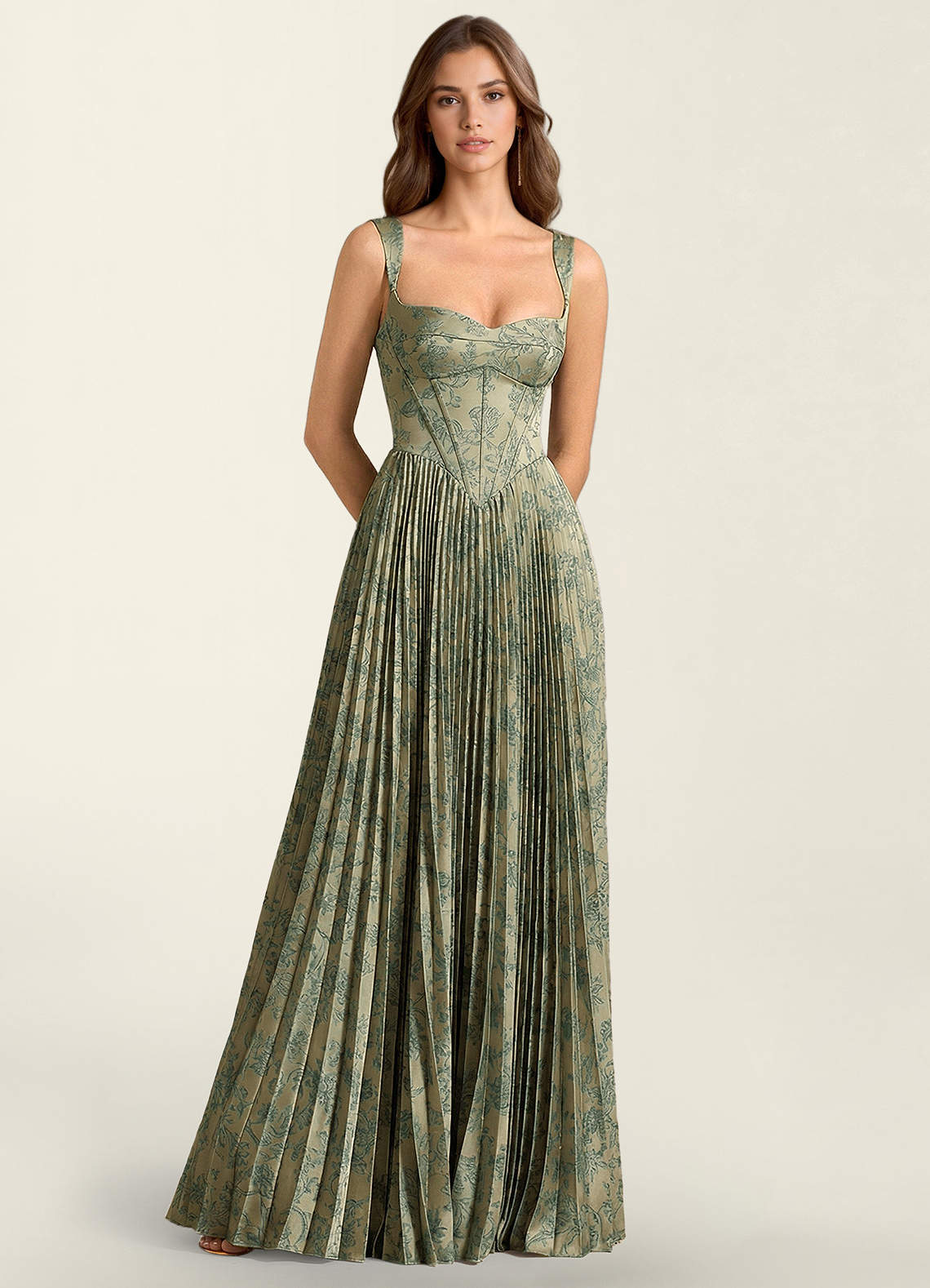 Simone A-Line Corset Floral Jacquard Prom Dress in Green Brown