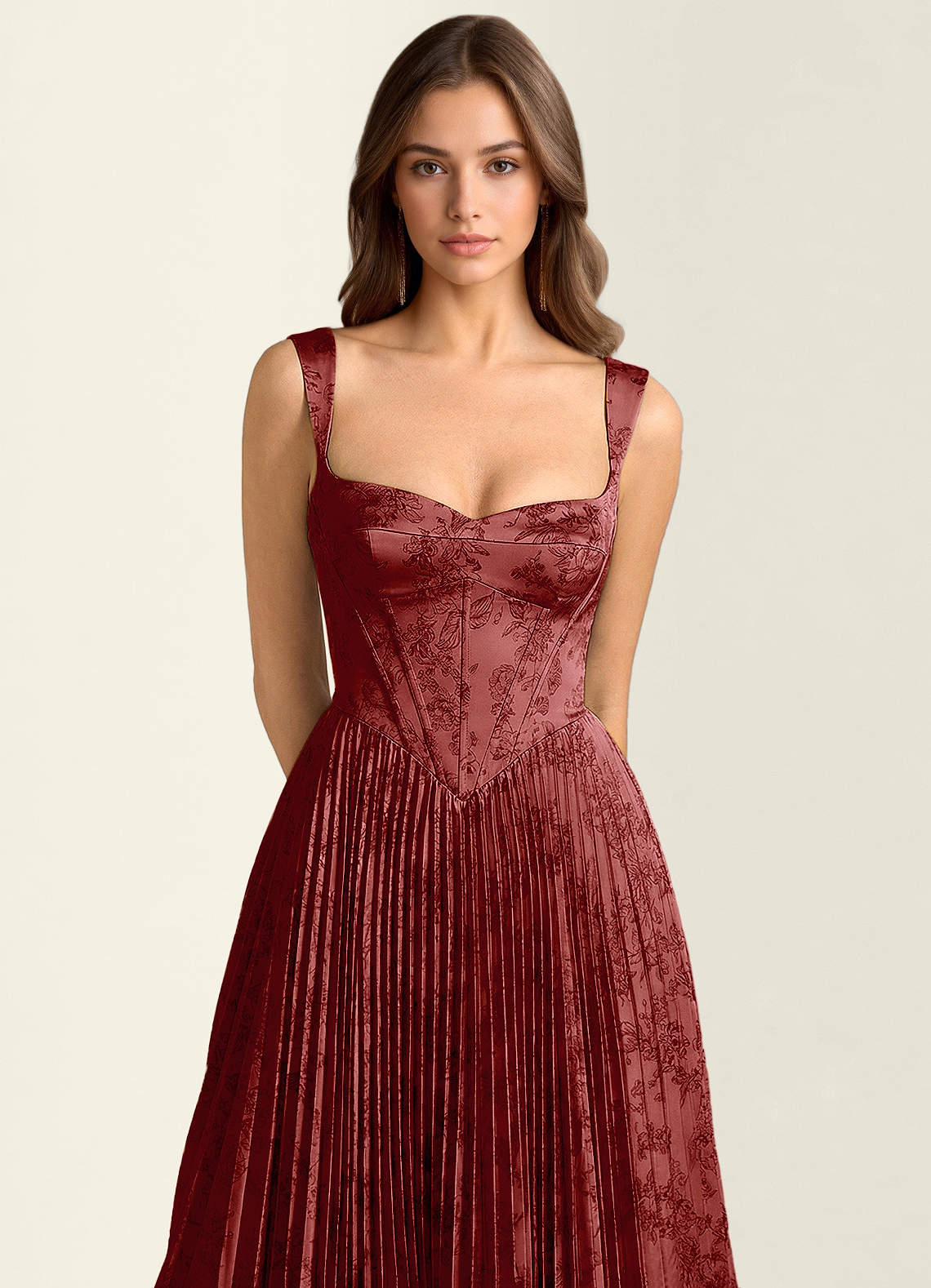 Simone A-Line Corset Floral Jacquard Prom Dress in Orange Red