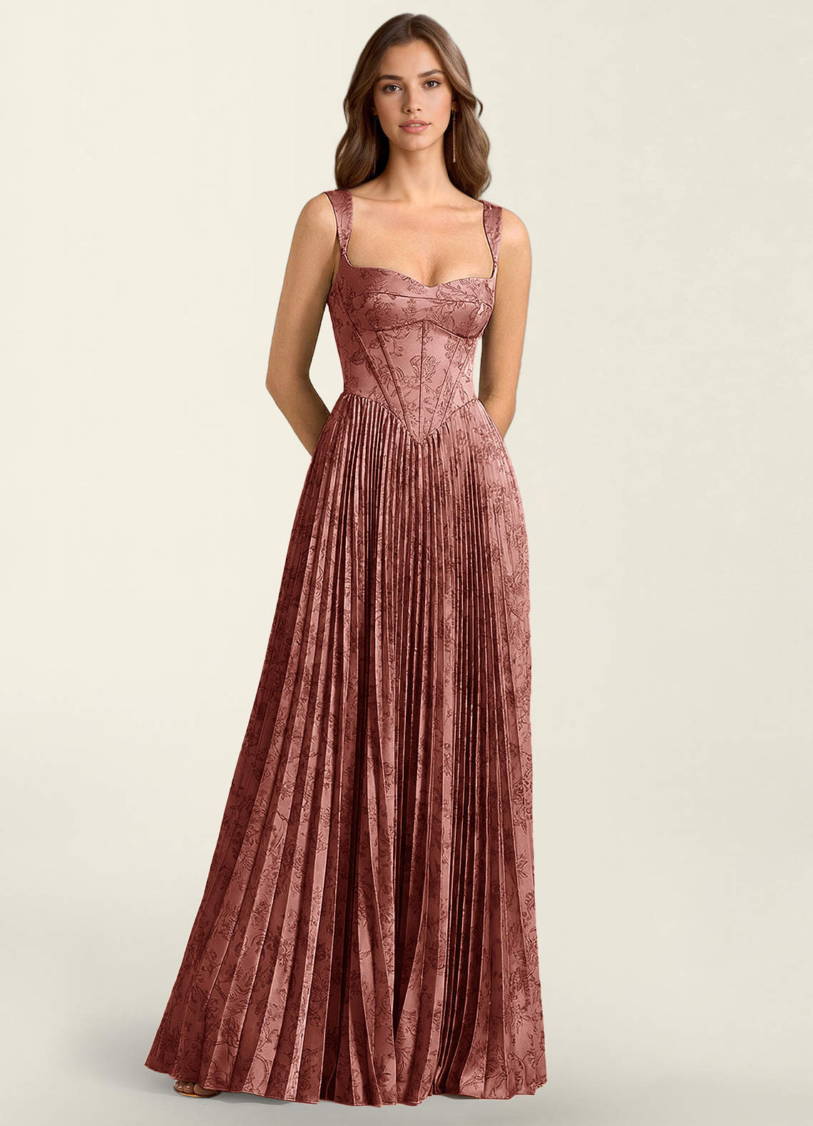 Simone A-Line Corset Floral Jacquard Prom Dress in Green Brown