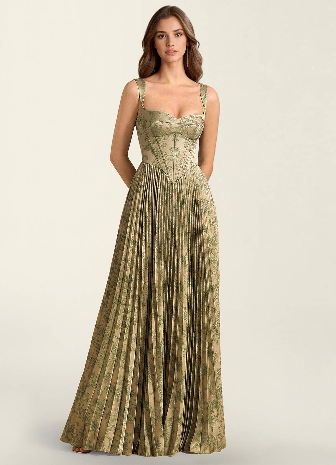 Simone A-Line Corset Floral Jacquard Prom Dress in Green Brown