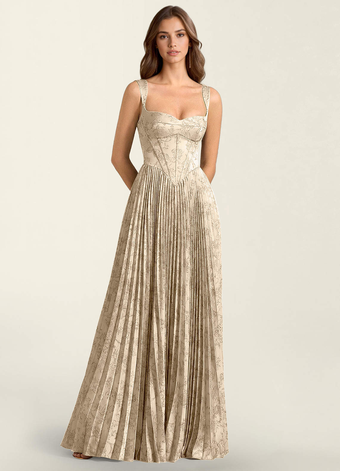 Simone A-Line Corset Floral Jacquard Prom Dress in Green Brown