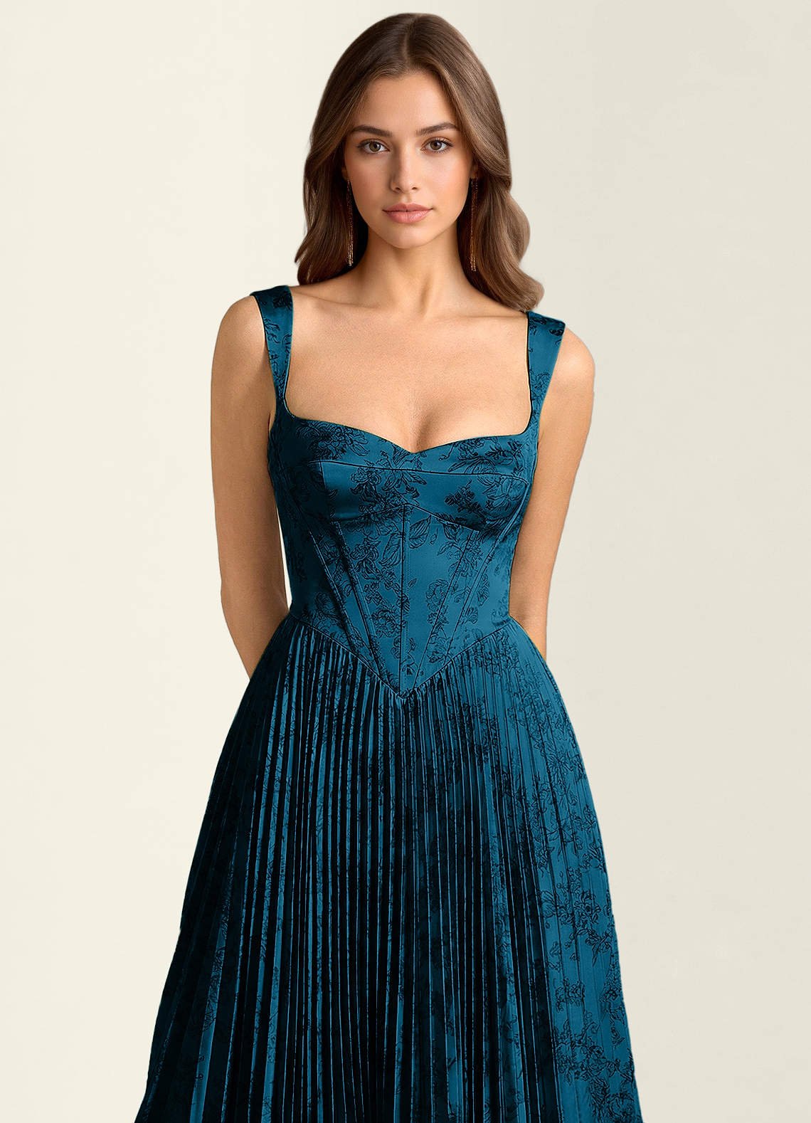 Simone A-Line Corset Floral Jacquard Prom Dress in Navy Black