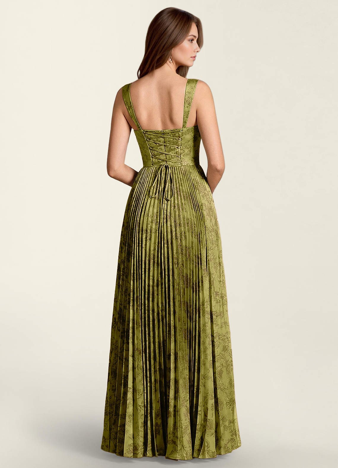 Simone A-Line Corset Floral Jacquard Prom Dress in Moss Brown
